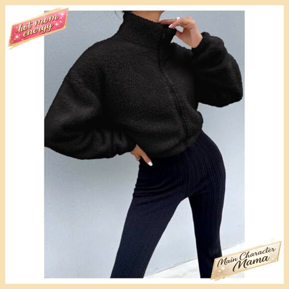 Faux Fur Cropped Jacket with Full Zip, Drop Shoulder, Long Sleeve - Picture 3 of 5